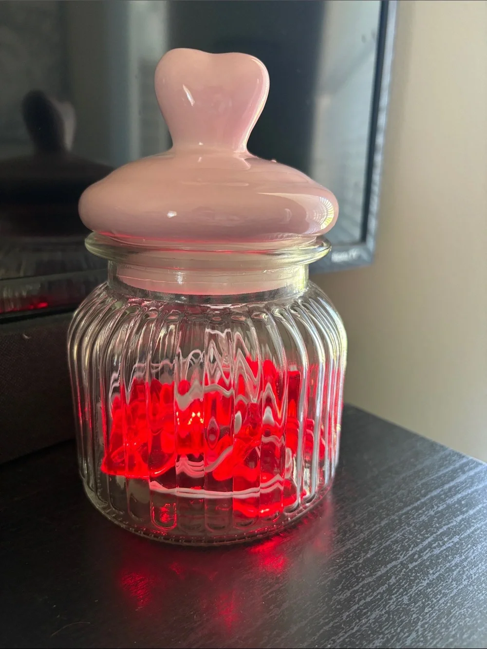 Glass Ribbed Jar with Pink Heart Lid